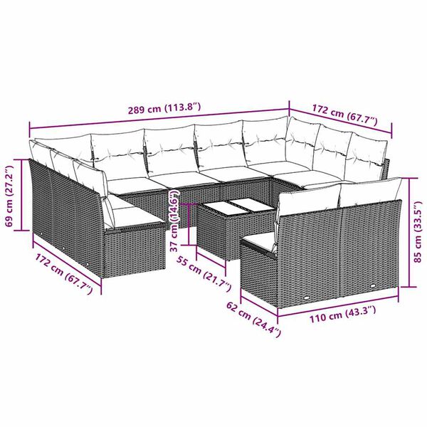 vidaXL 12 r&eacute;szes vil&aacute;gossz&uuml;rke polyrattan kerti &uuml;lőgarnit&uacute;ra p&aacute;rn&aacute;val