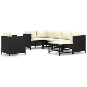vidaXL 7 r&eacute;szes fekete polyrattan kerti b&uacute;torszett p&aacute;rn&aacute;kkal