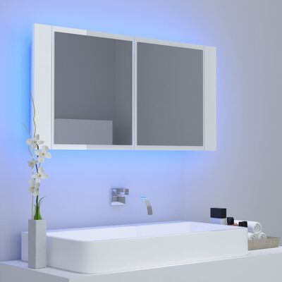 vidaXL magasfényű fehér LED-es fürdőszobai tükrös szekrény 90x12x45 cm