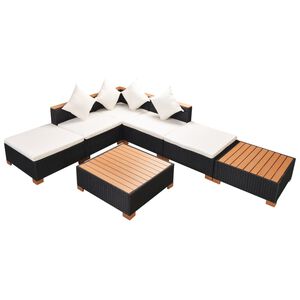vidaXL 7-r&eacute;szes fekete polyrattan kerti b&uacute;torszett p&aacute;rn&aacute;kkal