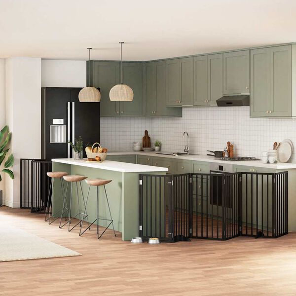 vidaXL fekete ny&aacute;rfa 12 paneles &ouml;sszecsukhat&oacute; kutyakapu ajt&oacute;val 600 cm