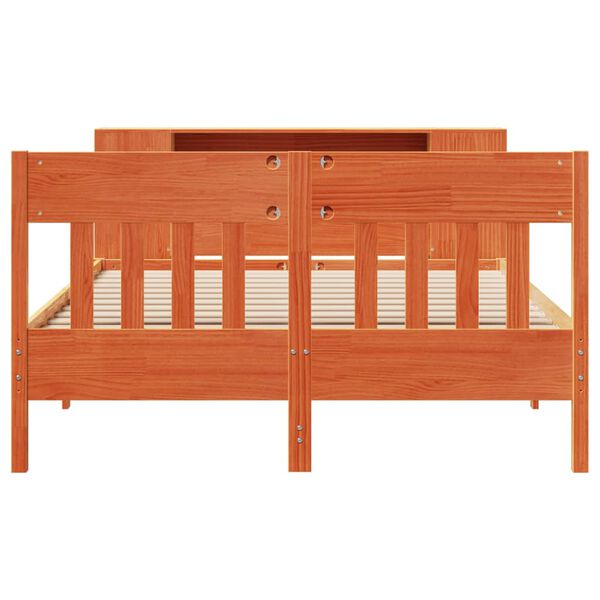 vidaXL barna t&ouml;m&ouml;r fenyőfa k&ouml;nyvespolcos &aacute;gy matrac n&eacute;lk&uuml;l 140 x 200cm