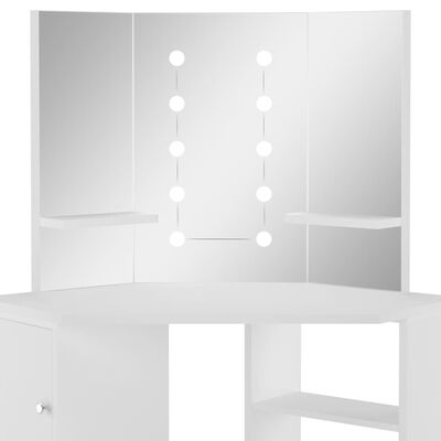 vidaXL fehér sarok-fésülködőasztal LED-izzókkal