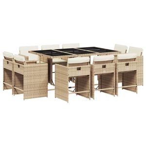 vidaXL 11 r&eacute;szes b&eacute;zs polyrattan kerti &eacute;tkezőgarnit&uacute;ra p&aacute;rn&aacute;kkal