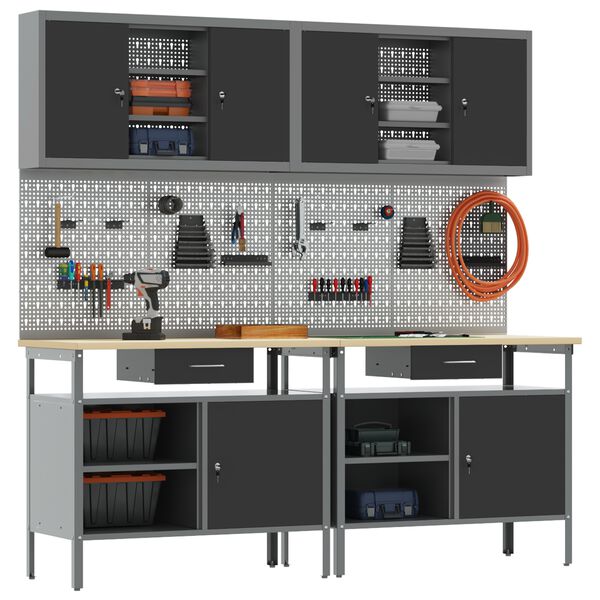vidaXL Munkapad k&eacute;szlet fi&oacute;kkal 8 pcs Piros &eacute;s Sz&uuml;rke Porsz&oacute;rt ac&eacute;l