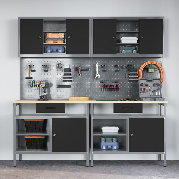 vidaXL Munkapad k&eacute;szlet fi&oacute;kkal 8 pcs Piros &eacute;s Sz&uuml;rke Porsz&oacute;rt ac&eacute;l