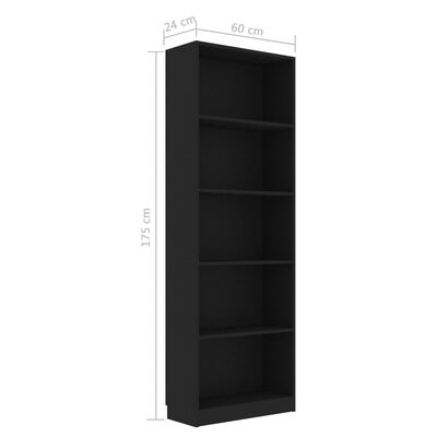 vidaXL 5-szintes fekete forgácslap könyvszekrény 60 x 24 x 175 cm