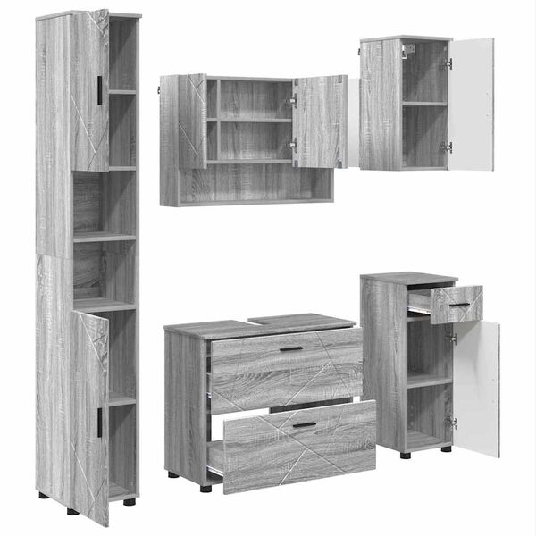 vidaXL F&uuml;rdőszoba b&uacute;tor szett 5 pcs Sz&uuml;rke Sonoma M&eacute;rn&ouml;ki fa &eacute;s f&eacute;m