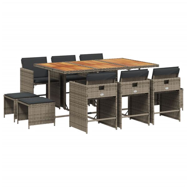 vidaXL 11 r&eacute;szes sz&uuml;rke polyrattan kerti &uuml;lőgarnit&uacute;ra p&aacute;rn&aacute;kkal