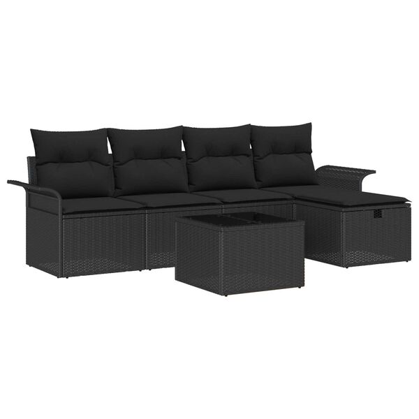 vidaXL Kerti Kanapé Szett párnával tárolóval 6 pcs Fekete Poli rattan