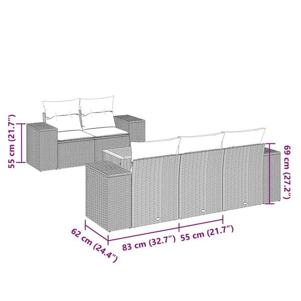 vidaXL 6 r&eacute;szes fekete polyrattan kerti &uuml;lőgarnit&uacute;ra p&aacute;rn&aacute;kkal