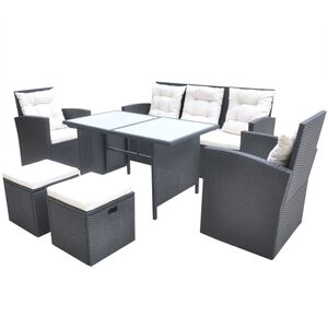 vidaXL 6-r&eacute;szes fekete polyrattan k&uuml;lt&eacute;ri &eacute;tkezőszett p&aacute;rn&aacute;kkal