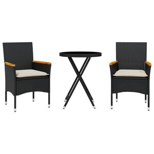 vidaXL 3 r&eacute;szes fekete polyrattan/&uuml;veg bisztr&oacute;garnit&uacute;ra p&aacute;rn&aacute;val