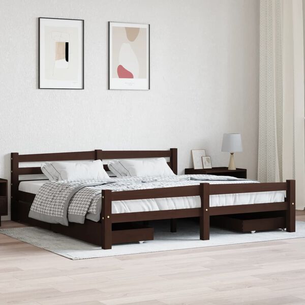 vidaXL 4 fiókos sötétbarna tömör fenyőfa ágykeret 180 x 200 cm