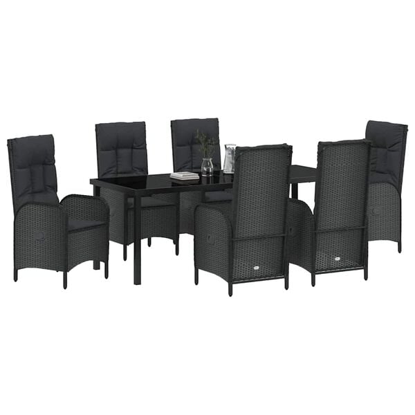 vidaXL Kert &eacute;tkező szett p&aacute;rn&aacute;val 7 pcs Fekete polirattan