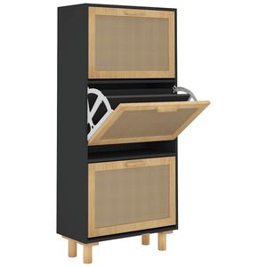vidaXL fekete szerelt fa &eacute;s term&eacute;szetes rattan cipőszekr&eacute;ny 52x25x80cm