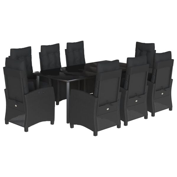 vidaXL 9 r&eacute;szes fekete polyrattan kerti &eacute;tkezőgarnit&uacute;ra p&aacute;rn&aacute;kkal