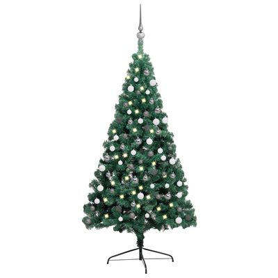 vidaXL zöld megvilágított fél műkarácsonyfa gömb szettel 210 cm