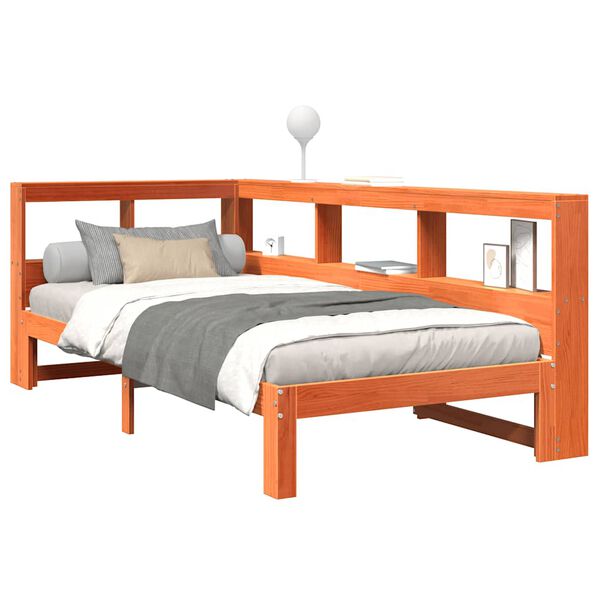 vidaXL barna tömör fenyőfa könyvespolcos ágy matrac nélkül 75 x 190 cm