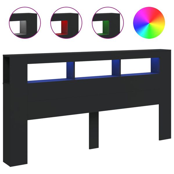 vidaXL fekete szerelt fa LED-es fejtámla 200 x 18,5 x 103,5 cm