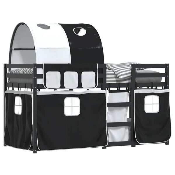 vidaXL fehér/fekete tömör fenyőfa emeletes ágy függönyökkel 90x190 cm