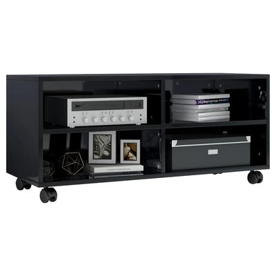 vidaXL magasfényű fekete forgácslap TV-szekrény görgőkkel 90x35x35 cm