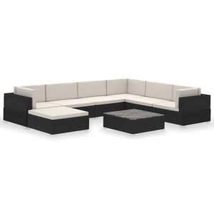 vidaXL 8-r&eacute;szes fekete polyrattan kerti b&uacute;torszett p&aacute;rn&aacute;kkal