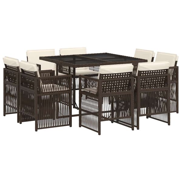 vidaXL 9 r&eacute;szes barna polyrattan kerti &eacute;tkezőgarnit&uacute;ra p&aacute;rn&aacute;kkal