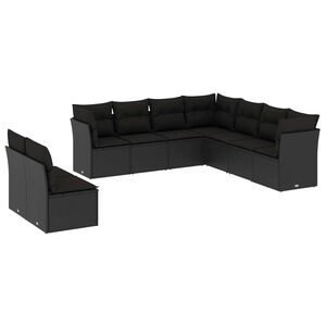 vidaXL 9 r&eacute;szes fekete polyrattan kerti &uuml;lőgarnit&uacute;ra p&aacute;rn&aacute;kkal