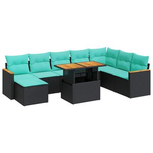 vidaXL 9 r&eacute;szes fekete polyrattan kerti &uuml;lőgarnit&uacute;ra p&aacute;rn&aacute;kkal