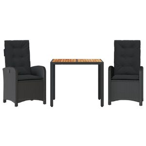 vidaXL 3 r&eacute;szes fekete polyrattan kerti &eacute;tkezőgarnit&uacute;ra p&aacute;rn&aacute;kkal