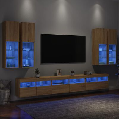vidaXL 7 darab sonoma tölgy színű falra szerelhető TV-szekrény LED-del