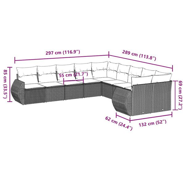 vidaXL 10 r&eacute;szes vil&aacute;gossz&uuml;rke polyrattan kerti &uuml;lőgarnit&uacute;ra p&aacute;rn&aacute;kkal