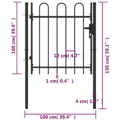 vidaXL fekete acél ívelt tetejű kerítéskapu 1 x 1 m