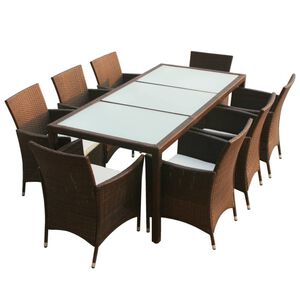 vidaXL 9-r&eacute;szes barna k&uuml;lt&eacute;ri polyrattan &eacute;tkezőszett p&aacute;rn&aacute;kkal