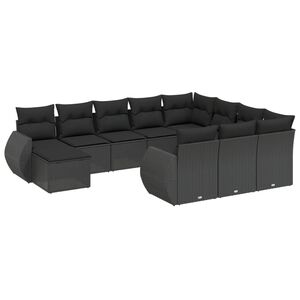vidaXL 11 r&eacute;szes fekete polyrattan kerti &uuml;lőgarnit&uacute;ra p&aacute;rn&aacute;kkal