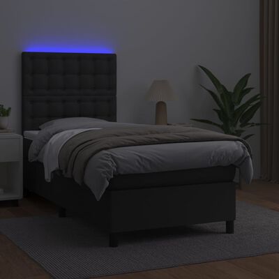 vidaXL fekete műbőr rugós ágy matraccal és LED-del 90x200 cm