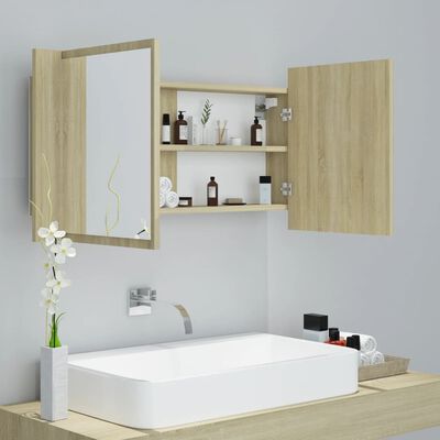 vidaXL tölgyszínű akril LED-es tükrös fürdőszobaszekrény 90x12x45 cm