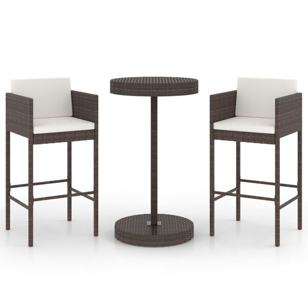 vidaXL 3 részes barna polyrattan kerti bárszett párnákkal