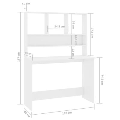 vidaXL magasfényű fehér forgácslap íróasztal polcokkal 110x45x157 cm