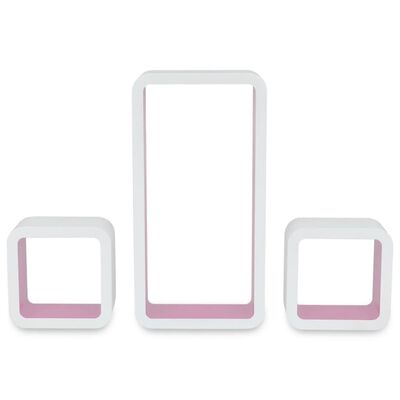 3 négyszögű fehér-rózsaszín MDF lebegő fali könyvpolc/DVD tároló