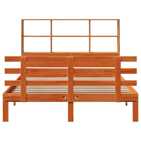 vidaXL barna t&ouml;m&ouml;r fenyőfa k&ouml;nyvespolcos &aacute;gy matrac n&eacute;lk&uuml;l 150 x 200cm