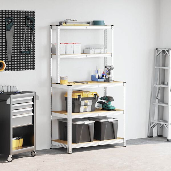 vidaXL 5 szintes ez&uuml;stsz&iacute;nű ac&eacute;l &eacute;s szerelt fa munkaasztal polcokkal