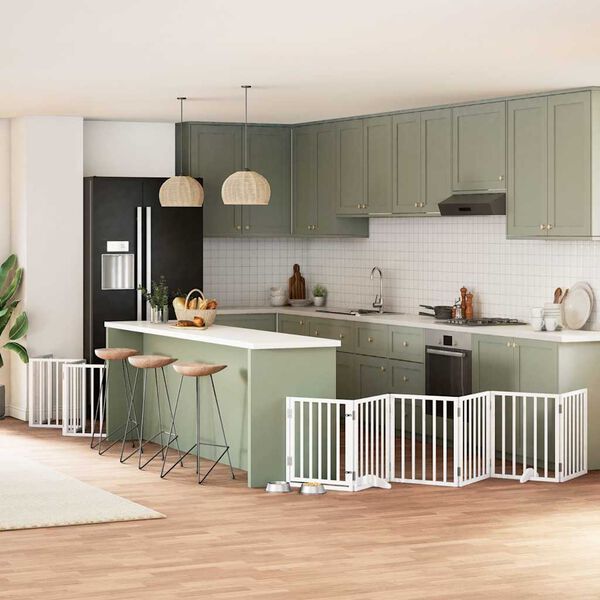 vidaXL feh&eacute;r ny&aacute;rfa 15 paneles &ouml;sszecsukhat&oacute; kutyakapu ajt&oacute;val 750 cm