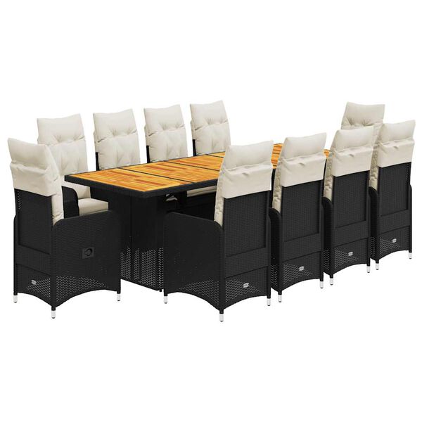 vidaXL 11 r&eacute;szes fekete polyrattan kerti bisztr&oacute;garnit&uacute;ra p&aacute;rn&aacute;kkal