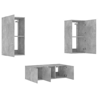 vidaXL 4 darab betonszürke szerelt fa fali TV-bútor LED-del