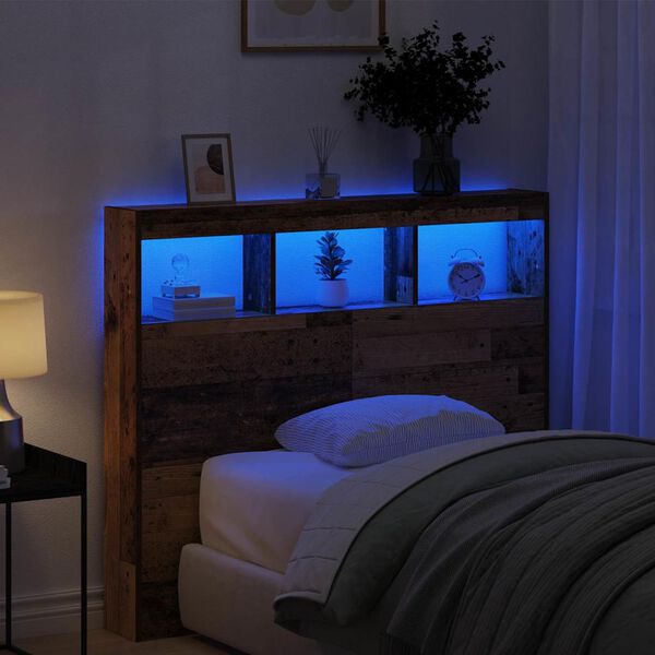 vidaXL Fejtámla LED -es lámpákkal Öreg fa 120 x 17 x 102 cm Faanyag