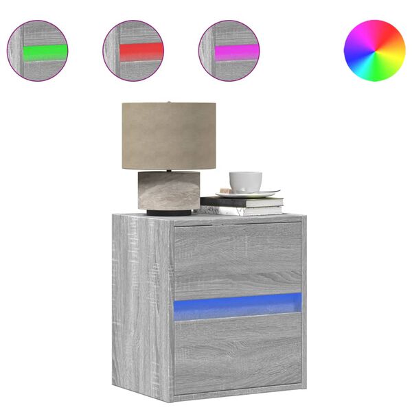 vidaXL 2 db szürke sonoma színű fali éjjeliszekrény LED-világítással