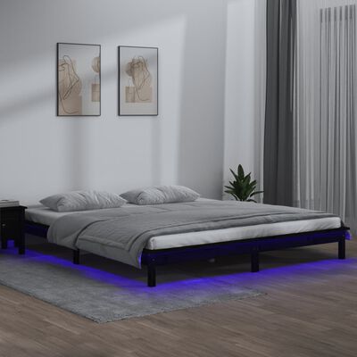 vidaXL King Size fekete tömör fa LED-es ágykeret 150 x 200 cm