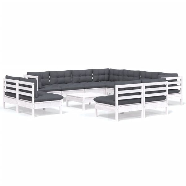 vidaXL 12 részes fehér tömör fenyőfa kerti ülőgarnitúra párnákkal